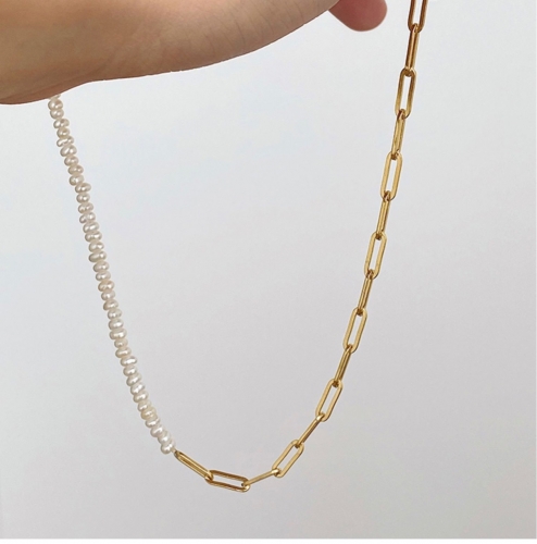 Half Pearl Half Chain Necklace for Women Real Gold Plated 14K