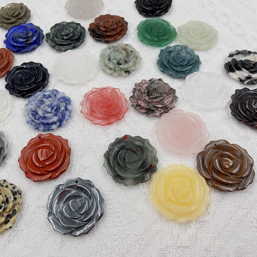 Carved Rose Flower Stone Pendants Assorted Colors